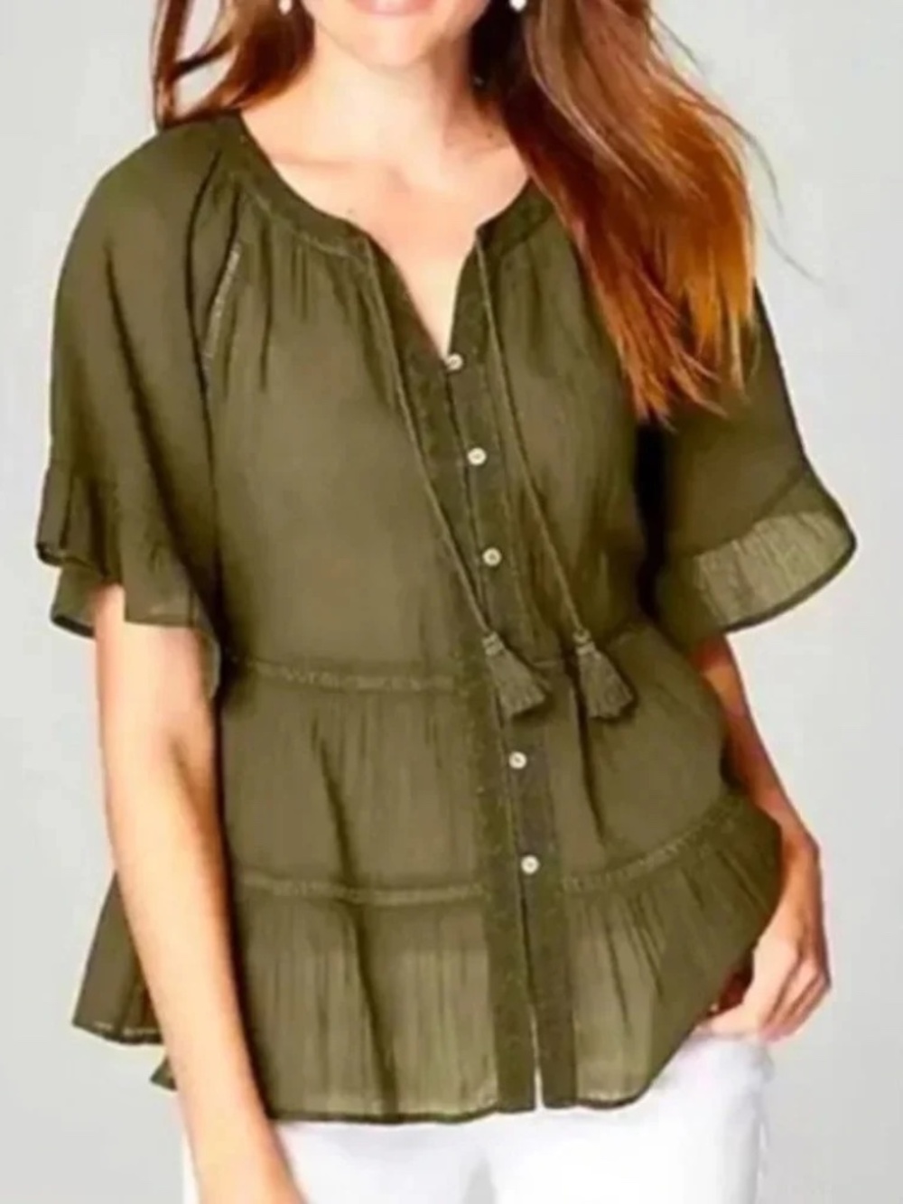 J. Jill Button Front Peasant Blouse Green Ruffles Short Sleeve Tiered - Size XS